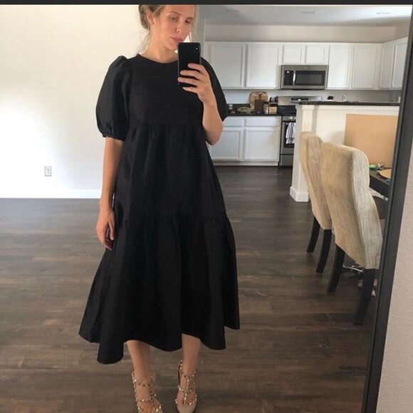 Zara Poplin Tiered Puff Sleeve Midi Dress Black Size XS - Picture 4 of 11